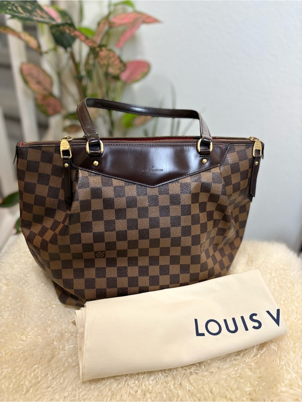 Louis Vuitton Brown Damier Ebene Check Canvas Tote with Gold Hardware